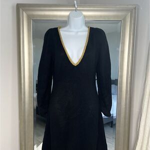 A-Line Knee-Length Classic Elegant Gold Embroidery Midi Black Dress Size M.